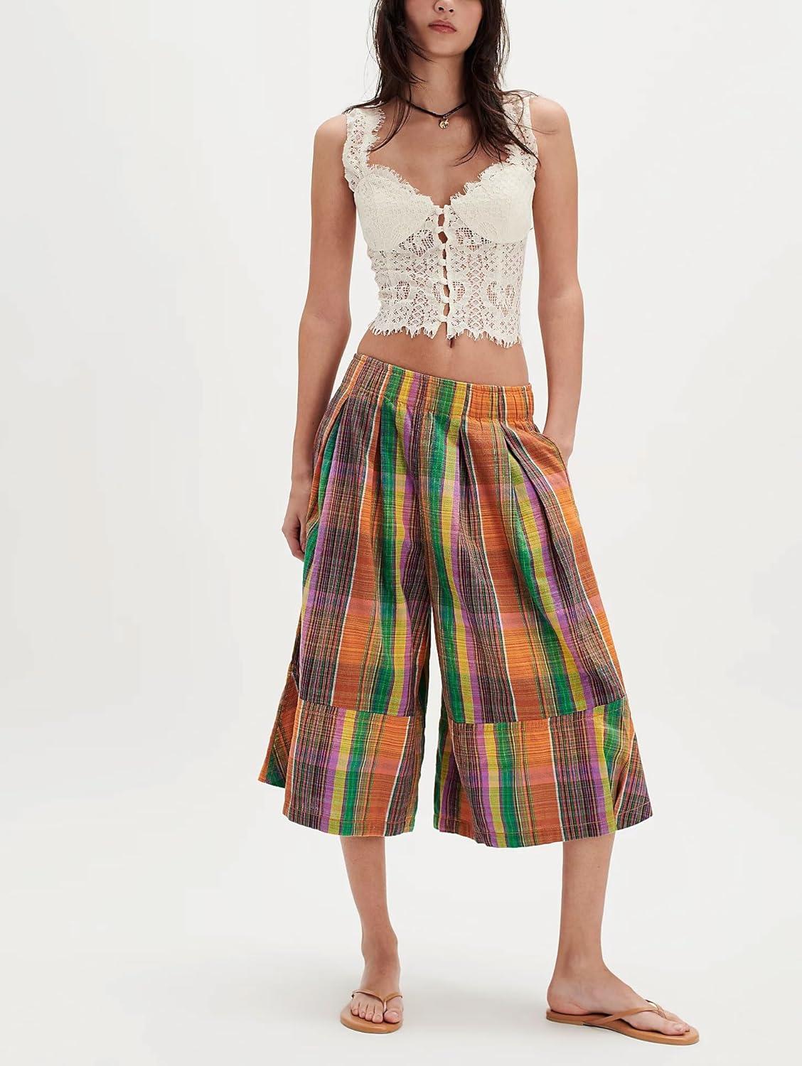 imagechouyatou Womens Retro Plaid Wide Leg Cropped Pants Y2k Baggy Culottes Capri Palazzo Pants with PocketsOrange