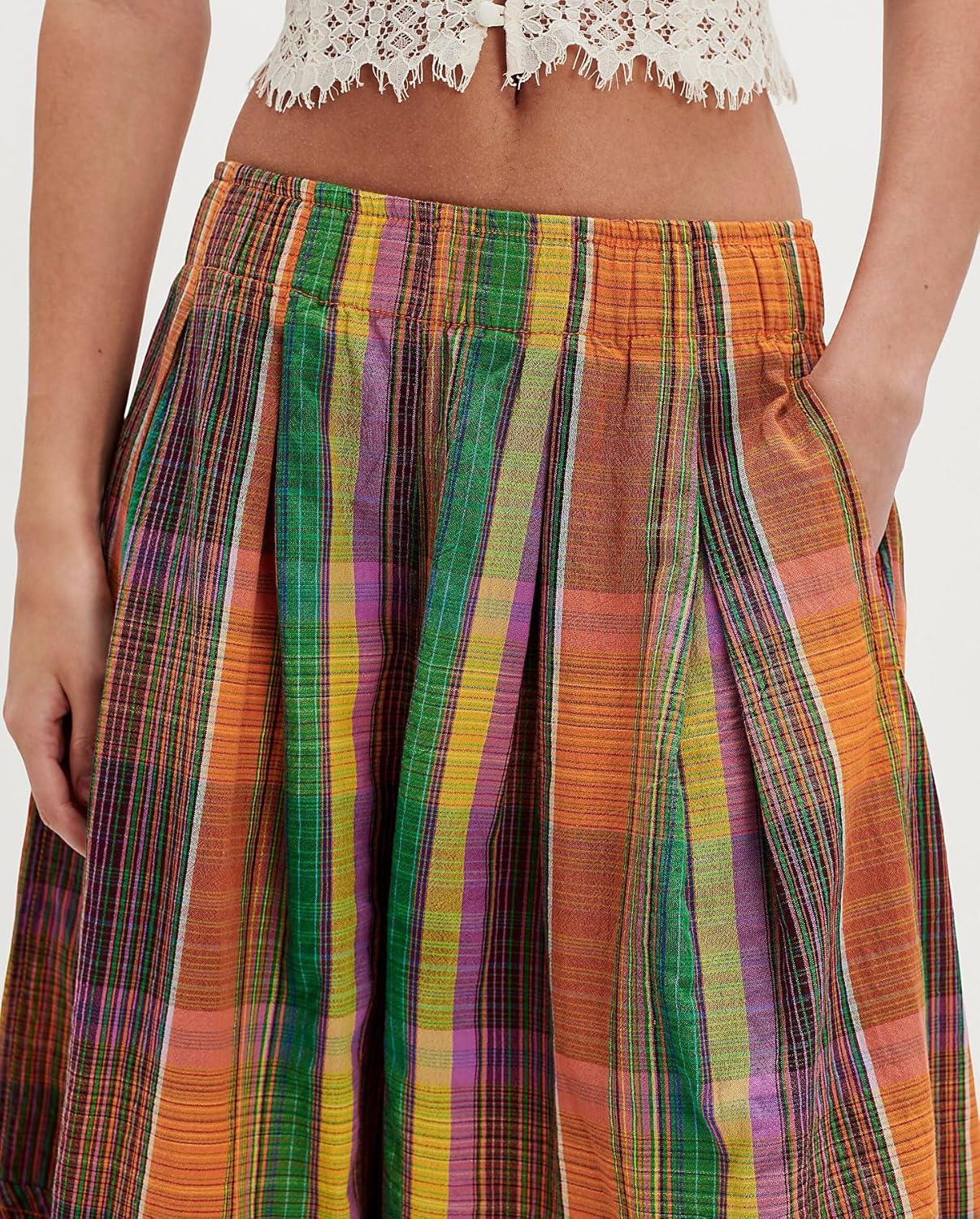 imagechouyatou Womens Retro Plaid Wide Leg Cropped Pants Y2k Baggy Culottes Capri Palazzo Pants with PocketsOrange