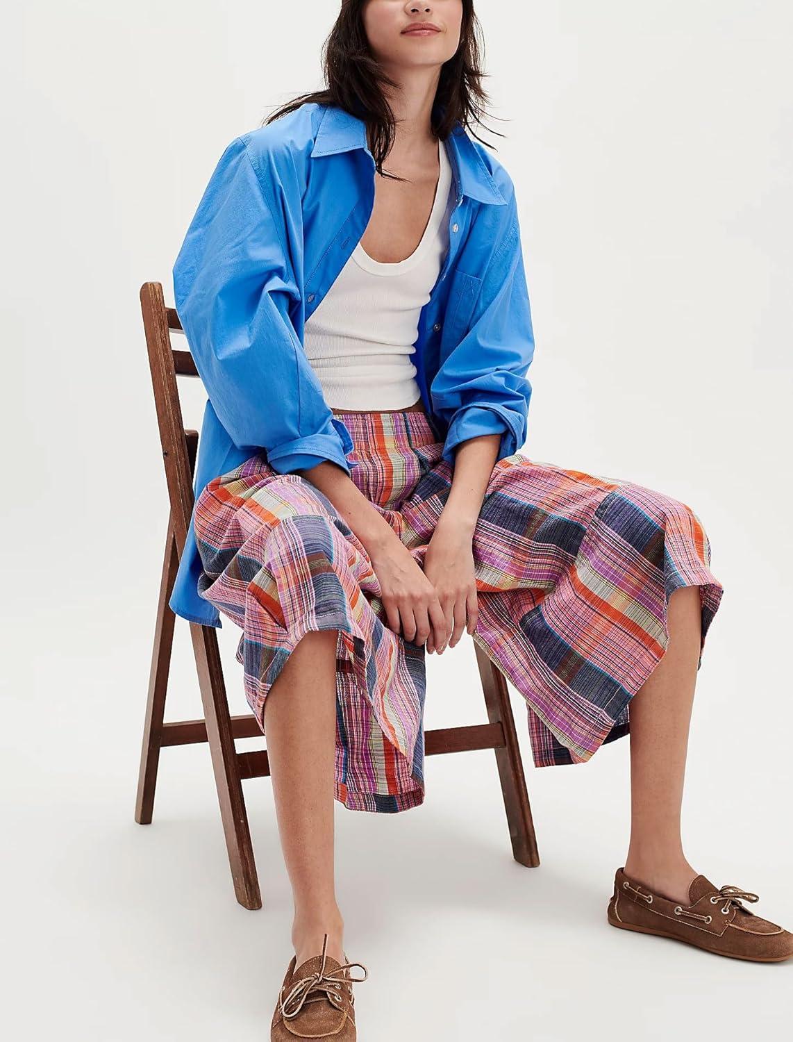 imagechouyatou Womens Retro Plaid Wide Leg Cropped Pants Y2k Baggy Culottes Capri Palazzo Pants with PocketsPink