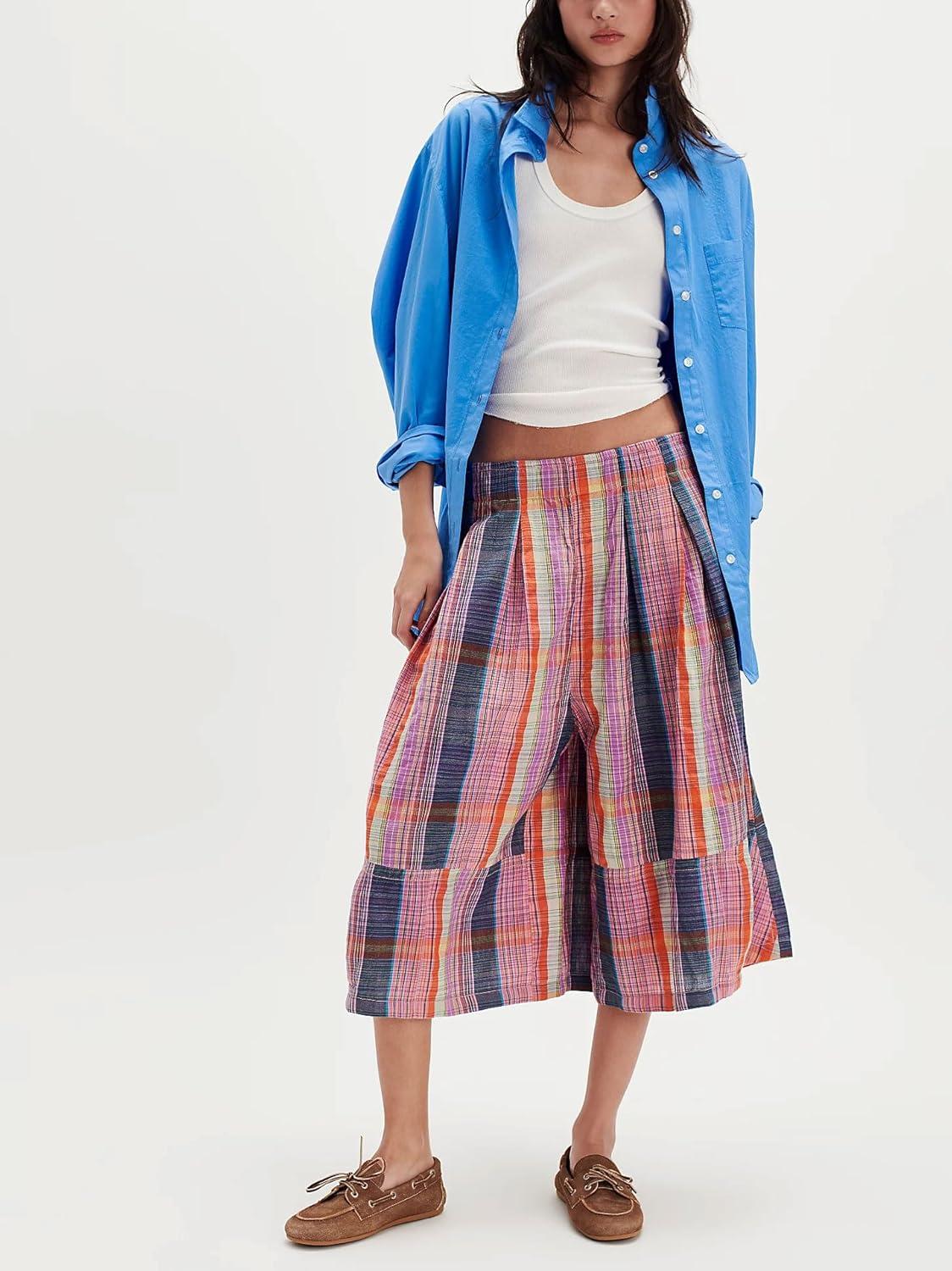 imagechouyatou Womens Retro Plaid Wide Leg Cropped Pants Y2k Baggy Culottes Capri Palazzo Pants with PocketsPink