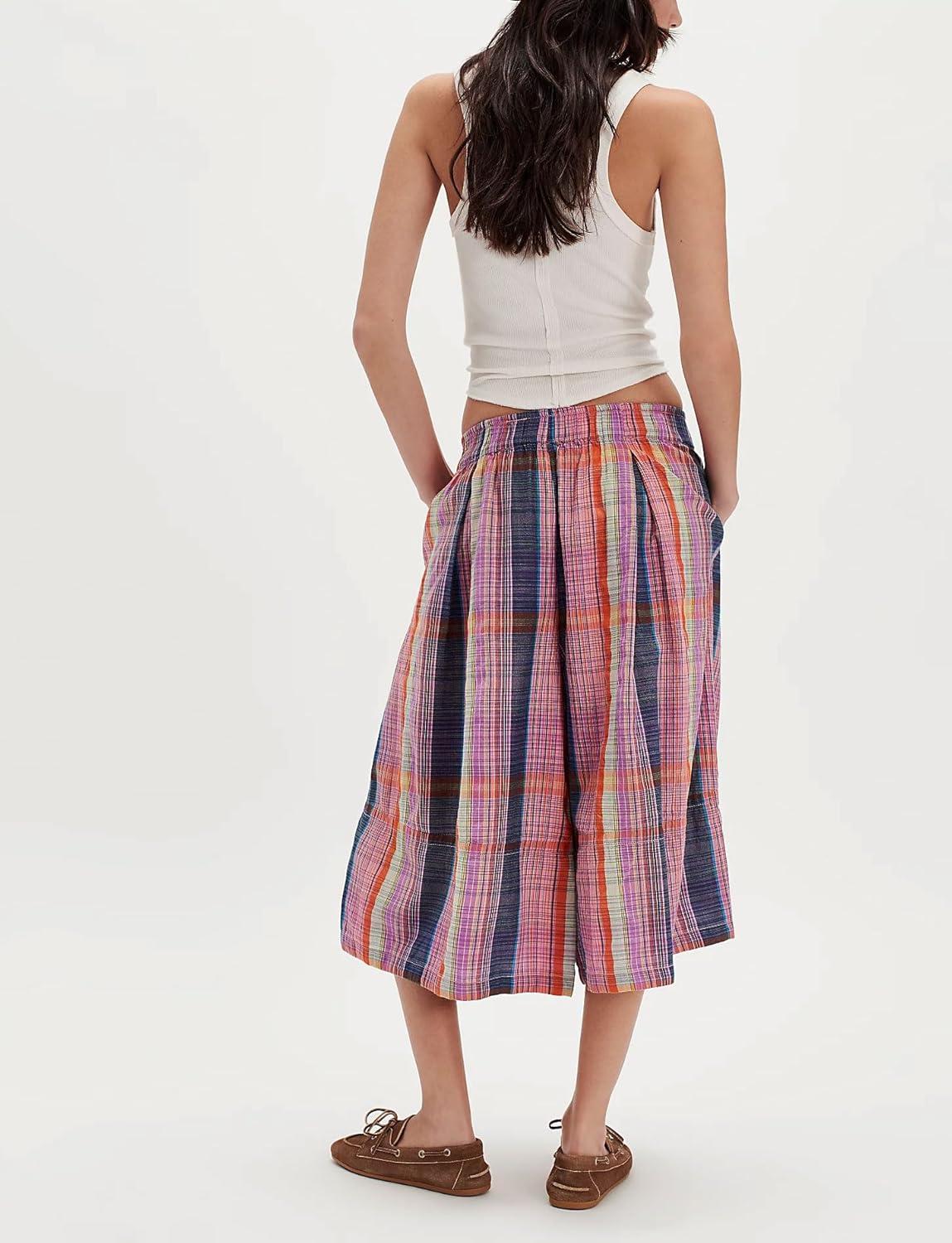 imagechouyatou Womens Retro Plaid Wide Leg Cropped Pants Y2k Baggy Culottes Capri Palazzo Pants with PocketsPink