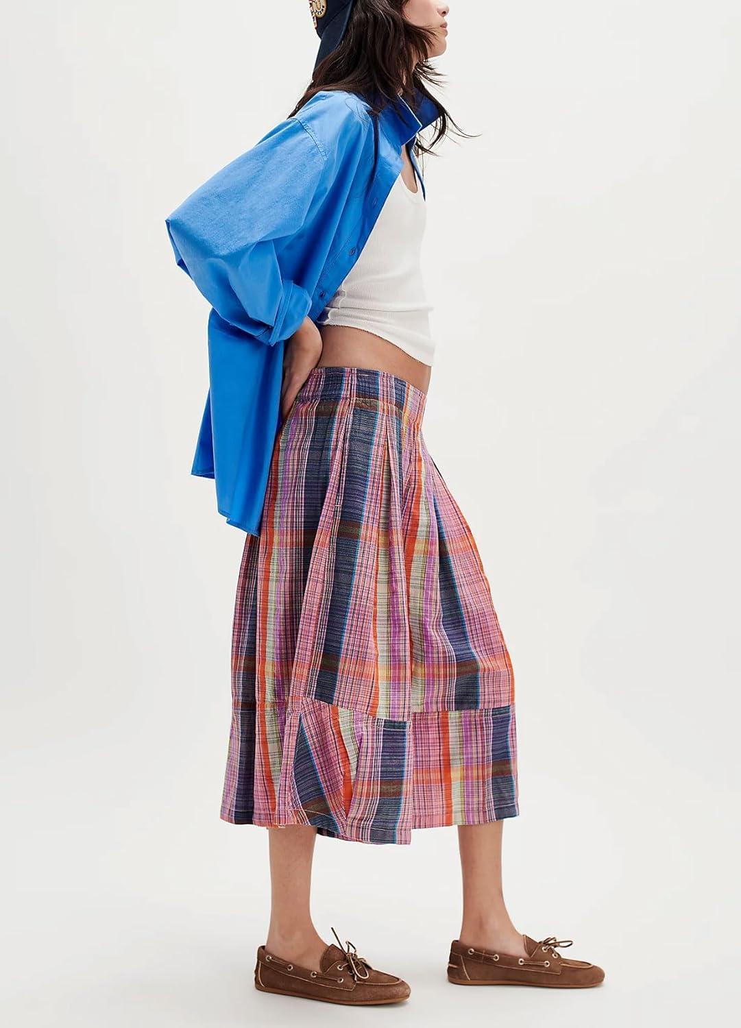 imagechouyatou Womens Retro Plaid Wide Leg Cropped Pants Y2k Baggy Culottes Capri Palazzo Pants with PocketsPink