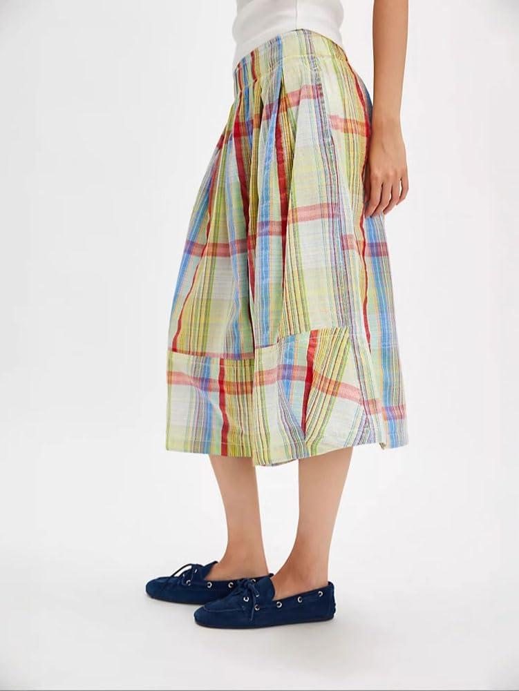 imagechouyatou Womens Retro Plaid Wide Leg Cropped Pants Y2k Baggy Culottes Capri Palazzo Pants with PocketsYellow