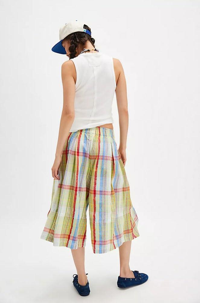 imagechouyatou Womens Retro Plaid Wide Leg Cropped Pants Y2k Baggy Culottes Capri Palazzo Pants with PocketsYellow