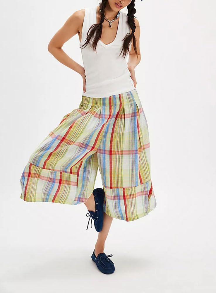 imagechouyatou Womens Retro Plaid Wide Leg Cropped Pants Y2k Baggy Culottes Capri Palazzo Pants with PocketsYellow