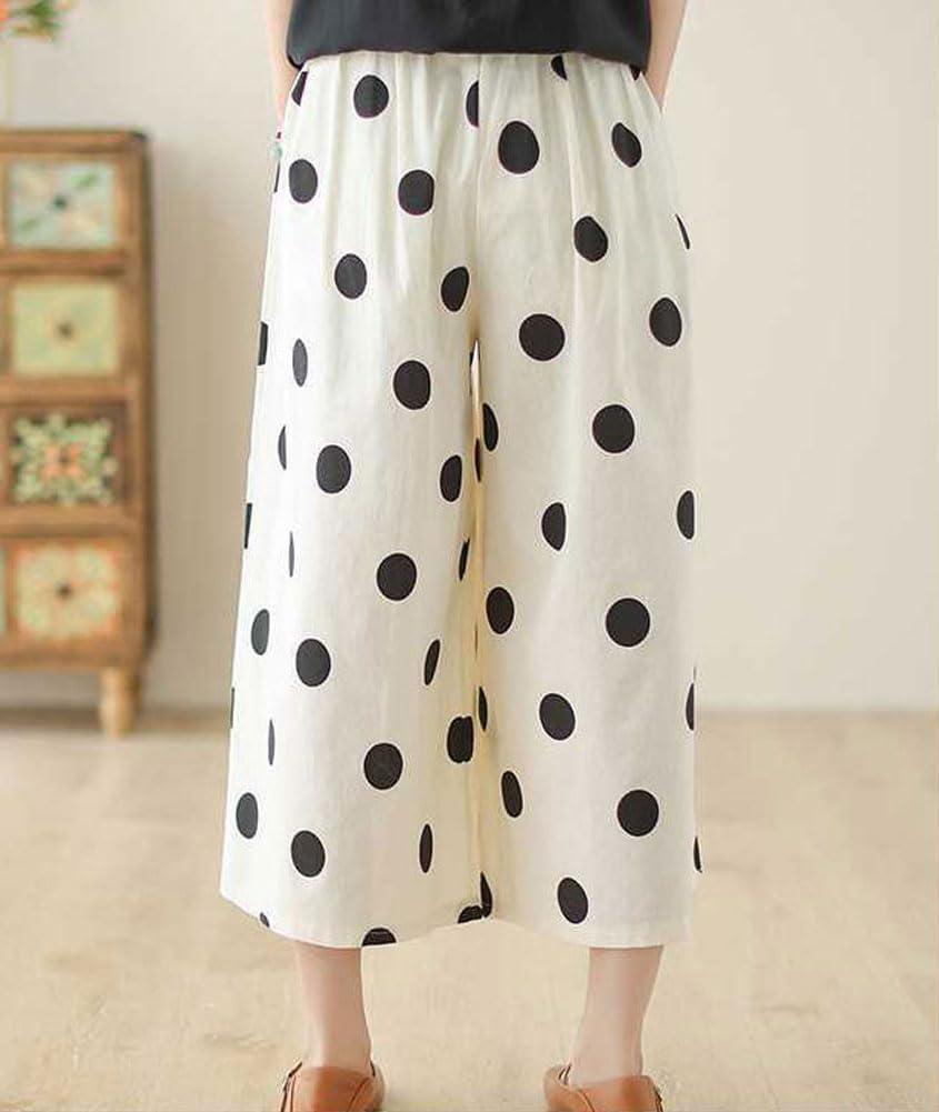 imagechouyatou Womens Retro Polka Dot Wide Leg Baggy Pants Elastic Waist Capri Palazzo Pants Culottes with PocketsBeige White
