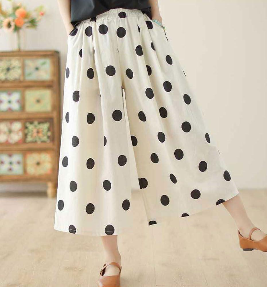 imagechouyatou Womens Retro Polka Dot Wide Leg Baggy Pants Elastic Waist Capri Palazzo Pants Culottes with PocketsBeige White