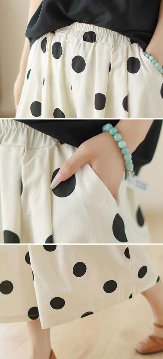 imagechouyatou Womens Retro Polka Dot Wide Leg Baggy Pants Elastic Waist Capri Palazzo Pants Culottes with PocketsBeige White