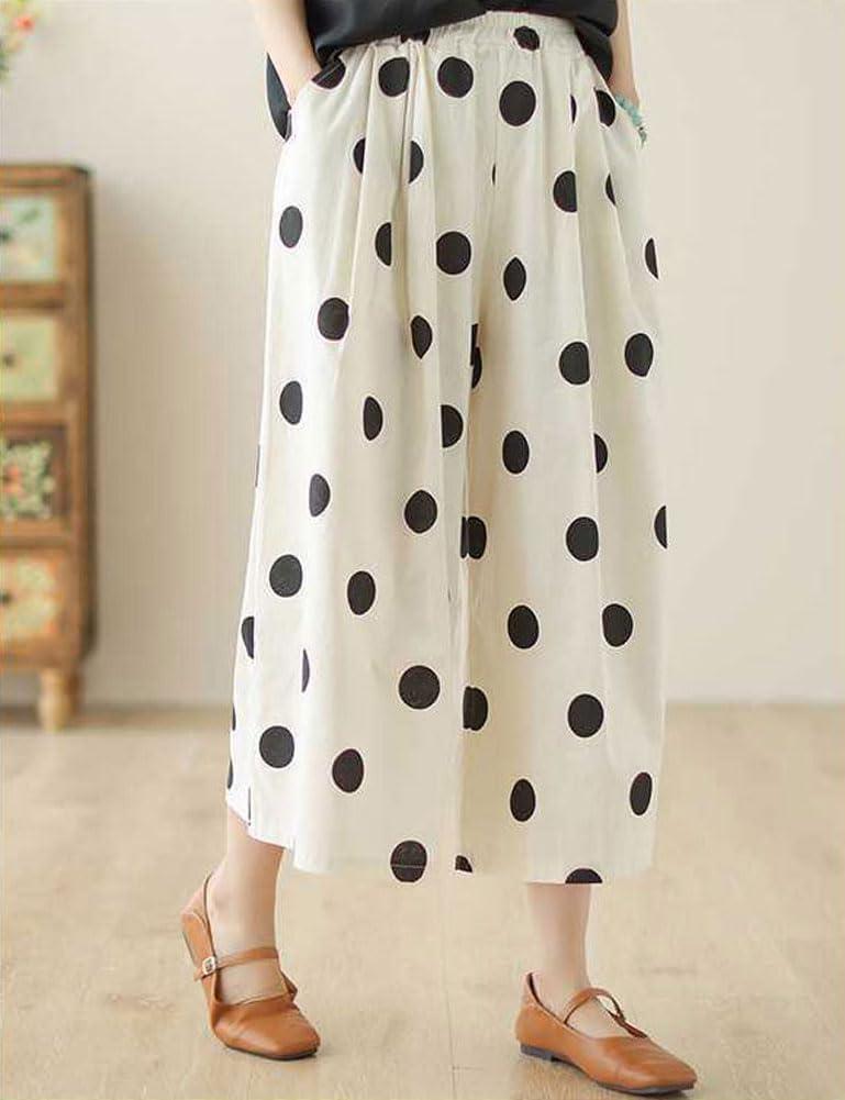 imagechouyatou Womens Retro Polka Dot Wide Leg Baggy Pants Elastic Waist Capri Palazzo Pants Culottes with PocketsBeige White