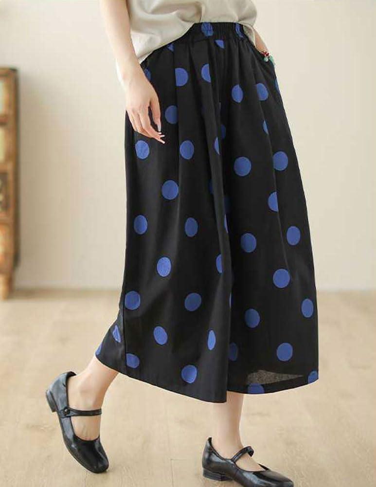 imagechouyatou Womens Retro Polka Dot Wide Leg Baggy Pants Elastic Waist Capri Palazzo Pants Culottes with PocketsBlack
