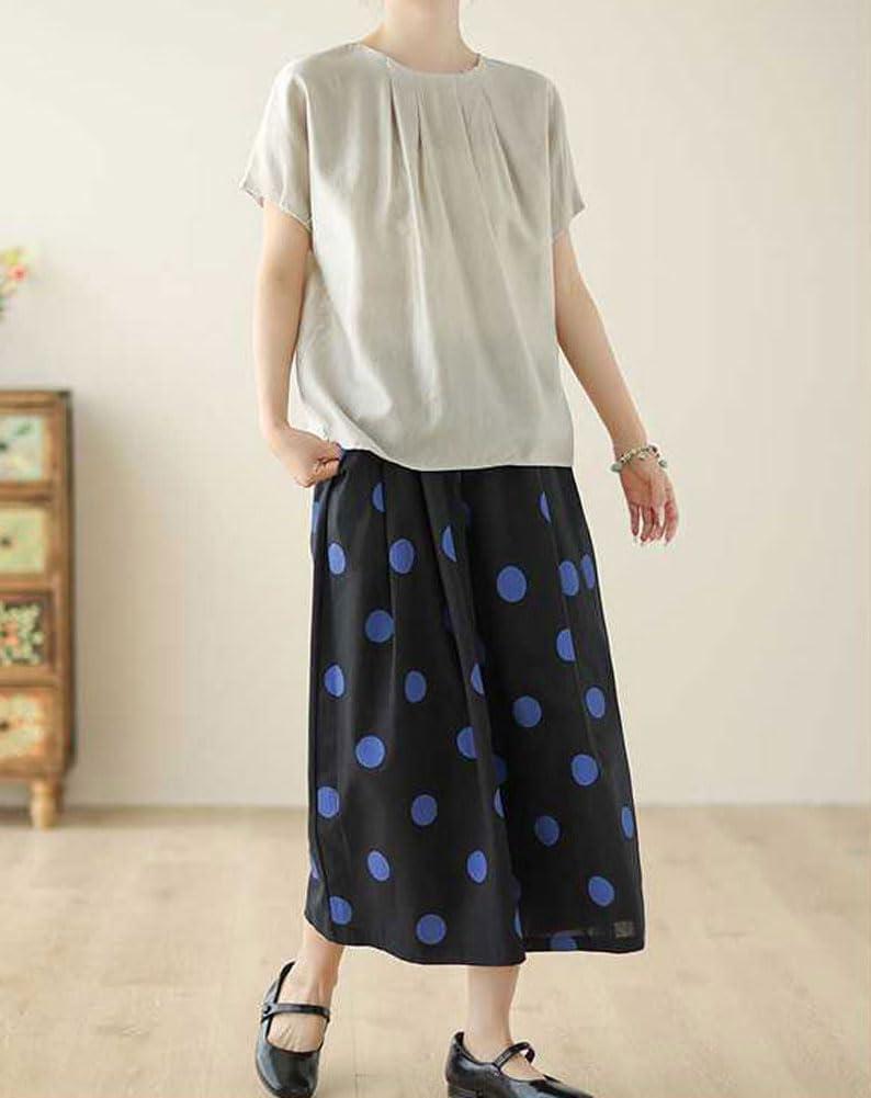 imagechouyatou Womens Retro Polka Dot Wide Leg Baggy Pants Elastic Waist Capri Palazzo Pants Culottes with PocketsBlack