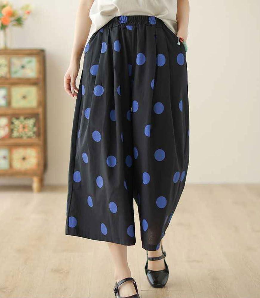 imagechouyatou Womens Retro Polka Dot Wide Leg Baggy Pants Elastic Waist Capri Palazzo Pants Culottes with PocketsBlack