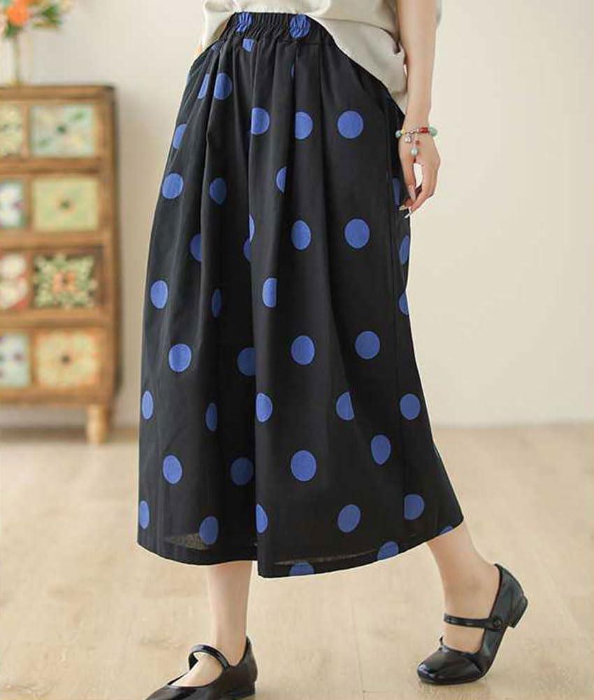 imagechouyatou Womens Retro Polka Dot Wide Leg Baggy Pants Elastic Waist Capri Palazzo Pants Culottes with PocketsBlack