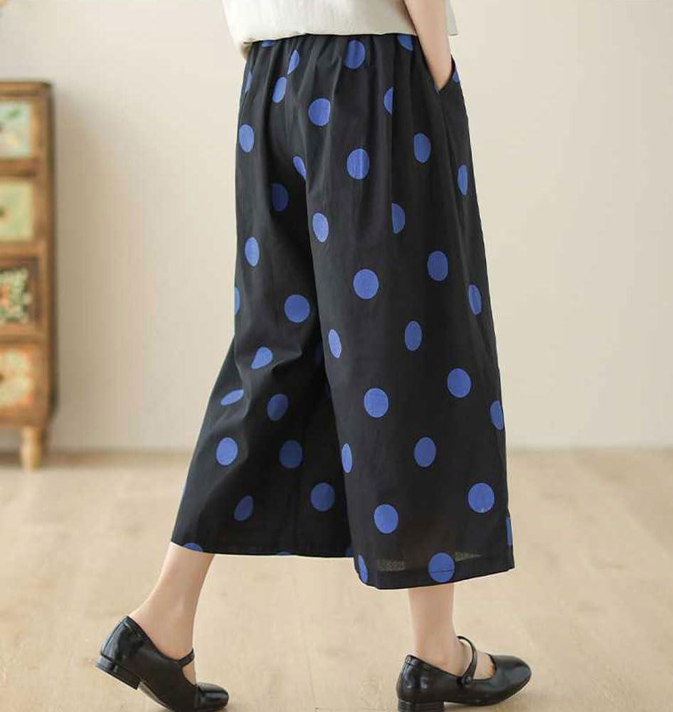 imagechouyatou Womens Retro Polka Dot Wide Leg Baggy Pants Elastic Waist Capri Palazzo Pants Culottes with PocketsBlack