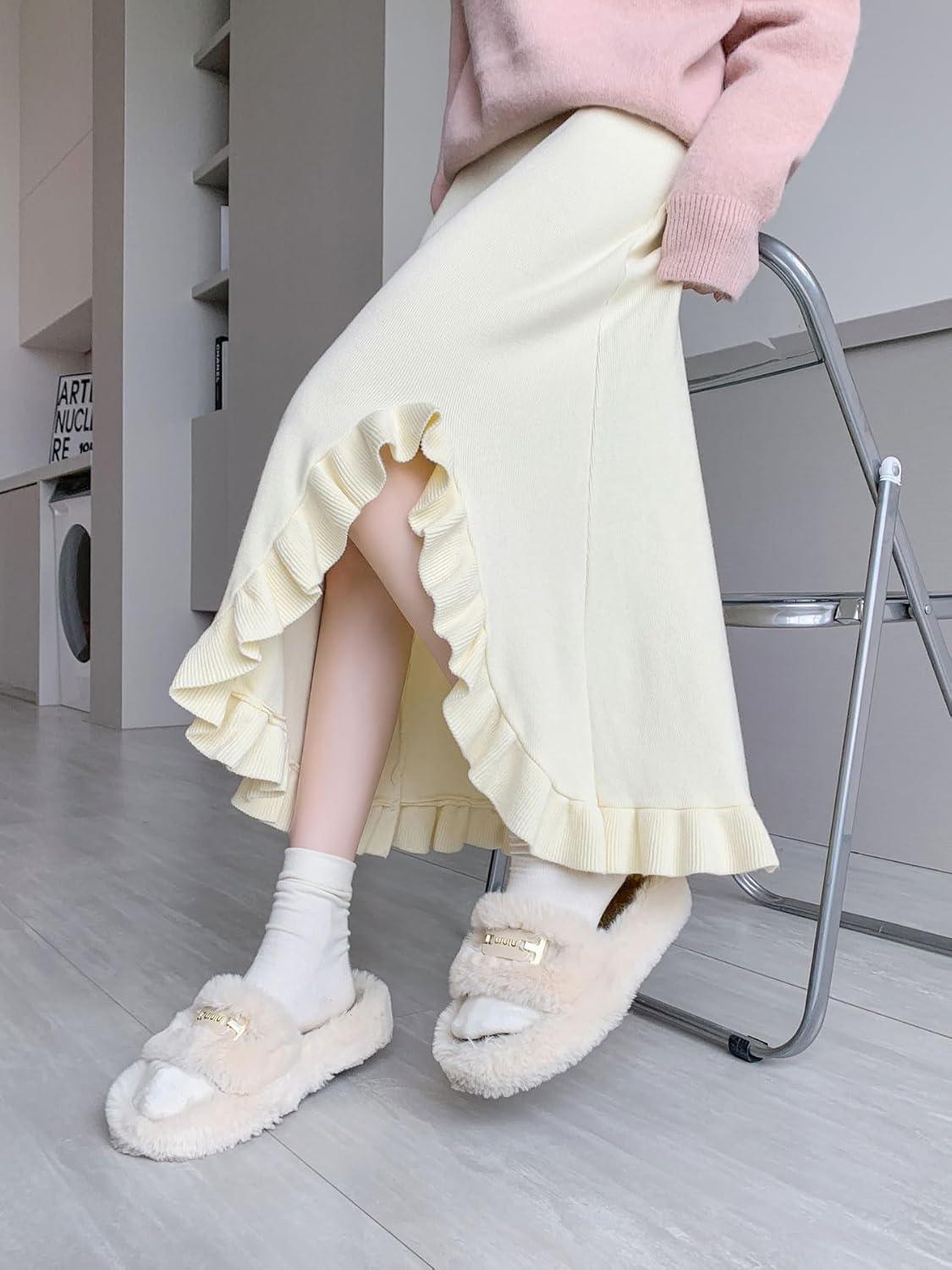 imagechouyatou Womens Sexy Mermaid Ruffle Hem Skirt Elastic Waist High Low Midi Long Knitted SkirtApricot