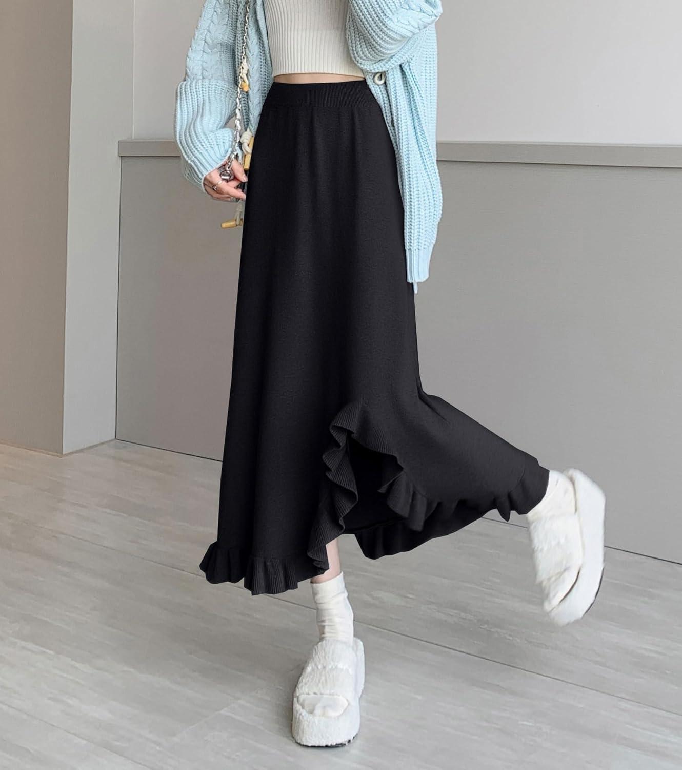 imagechouyatou Womens Sexy Mermaid Ruffle Hem Skirt Elastic Waist High Low Midi Long Knitted SkirtBlack