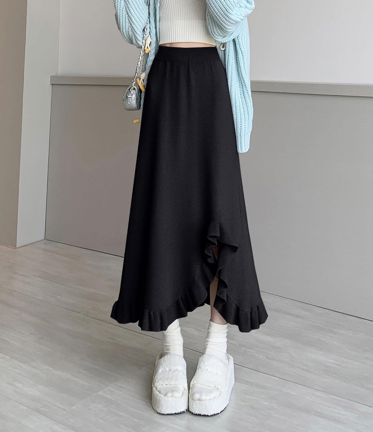 imagechouyatou Womens Sexy Mermaid Ruffle Hem Skirt Elastic Waist High Low Midi Long Knitted SkirtBlack