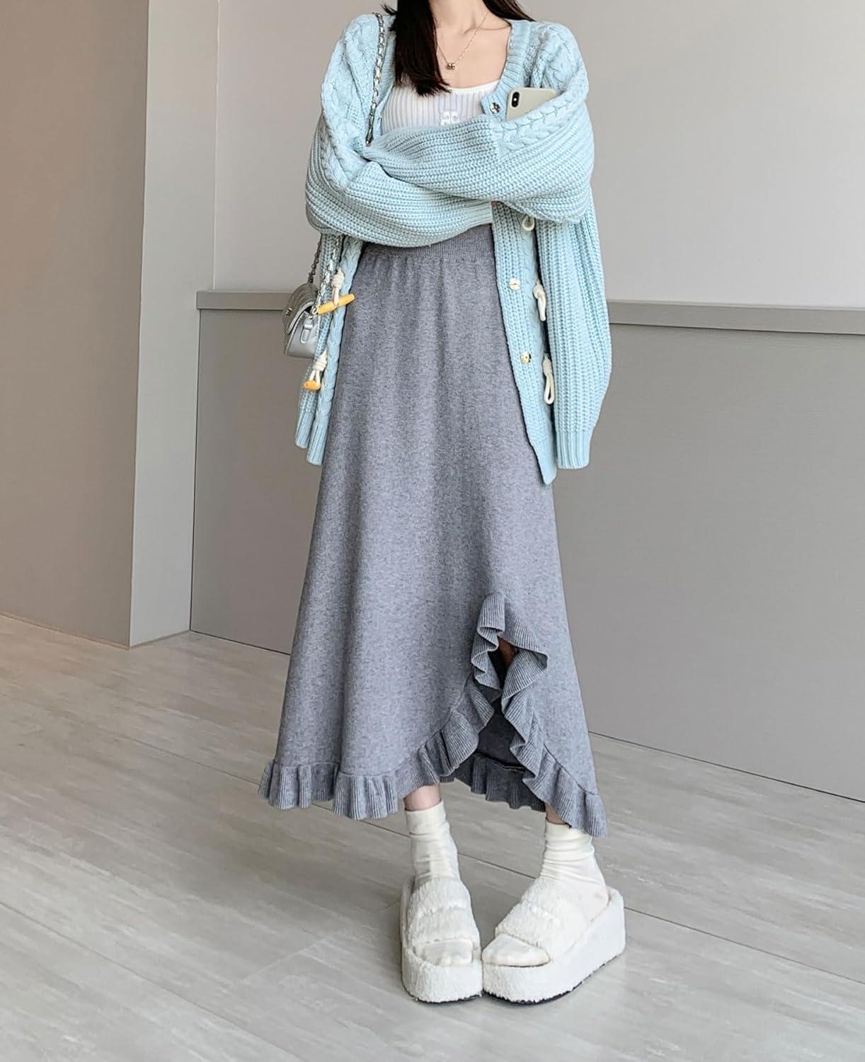 imagechouyatou Womens Sexy Mermaid Ruffle Hem Skirt Elastic Waist High Low Midi Long Knitted SkirtGray