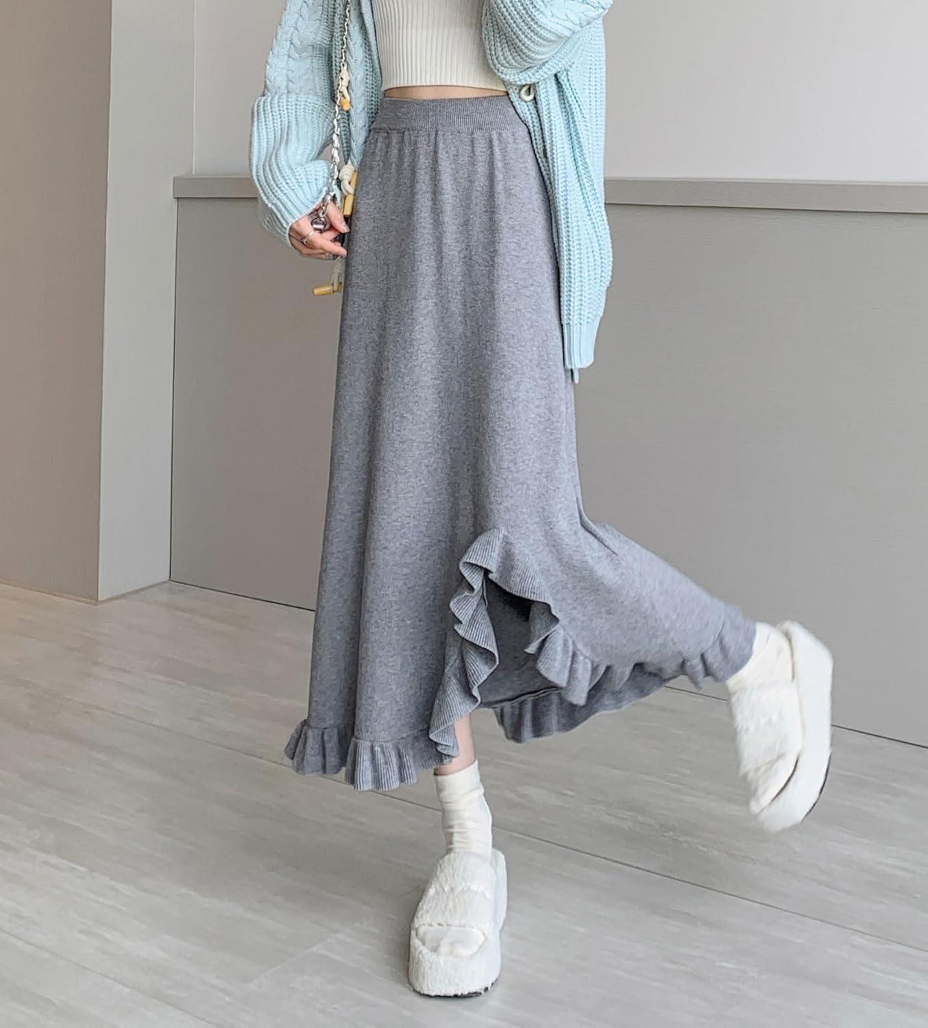 imagechouyatou Womens Sexy Mermaid Ruffle Hem Skirt Elastic Waist High Low Midi Long Knitted SkirtGray