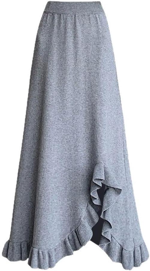 imagechouyatou Womens Sexy Mermaid Ruffle Hem Skirt Elastic Waist High Low Midi Long Knitted SkirtGray