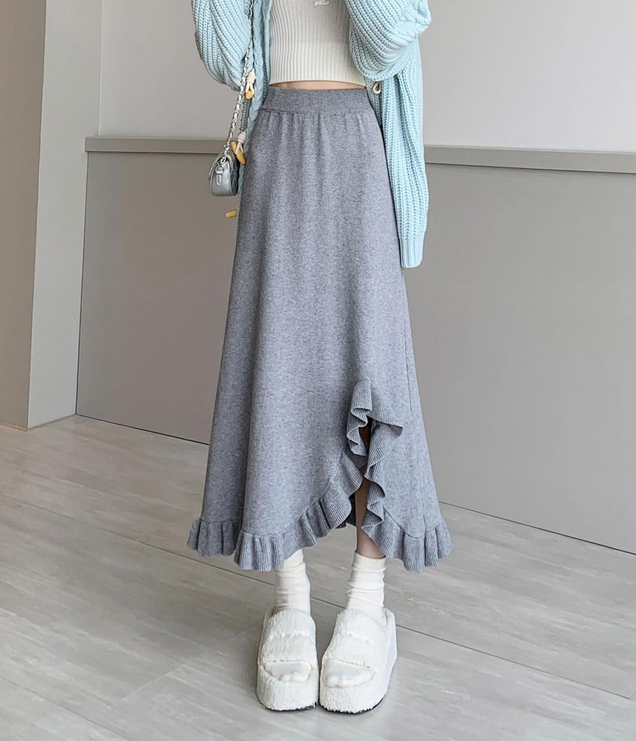imagechouyatou Womens Sexy Mermaid Ruffle Hem Skirt Elastic Waist High Low Midi Long Knitted SkirtGray