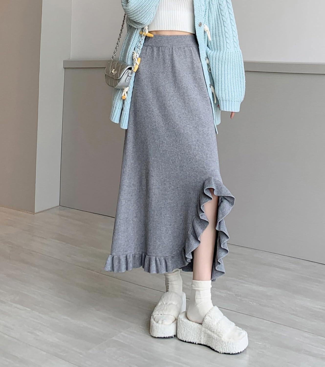 imagechouyatou Womens Sexy Mermaid Ruffle Hem Skirt Elastic Waist High Low Midi Long Knitted SkirtGray