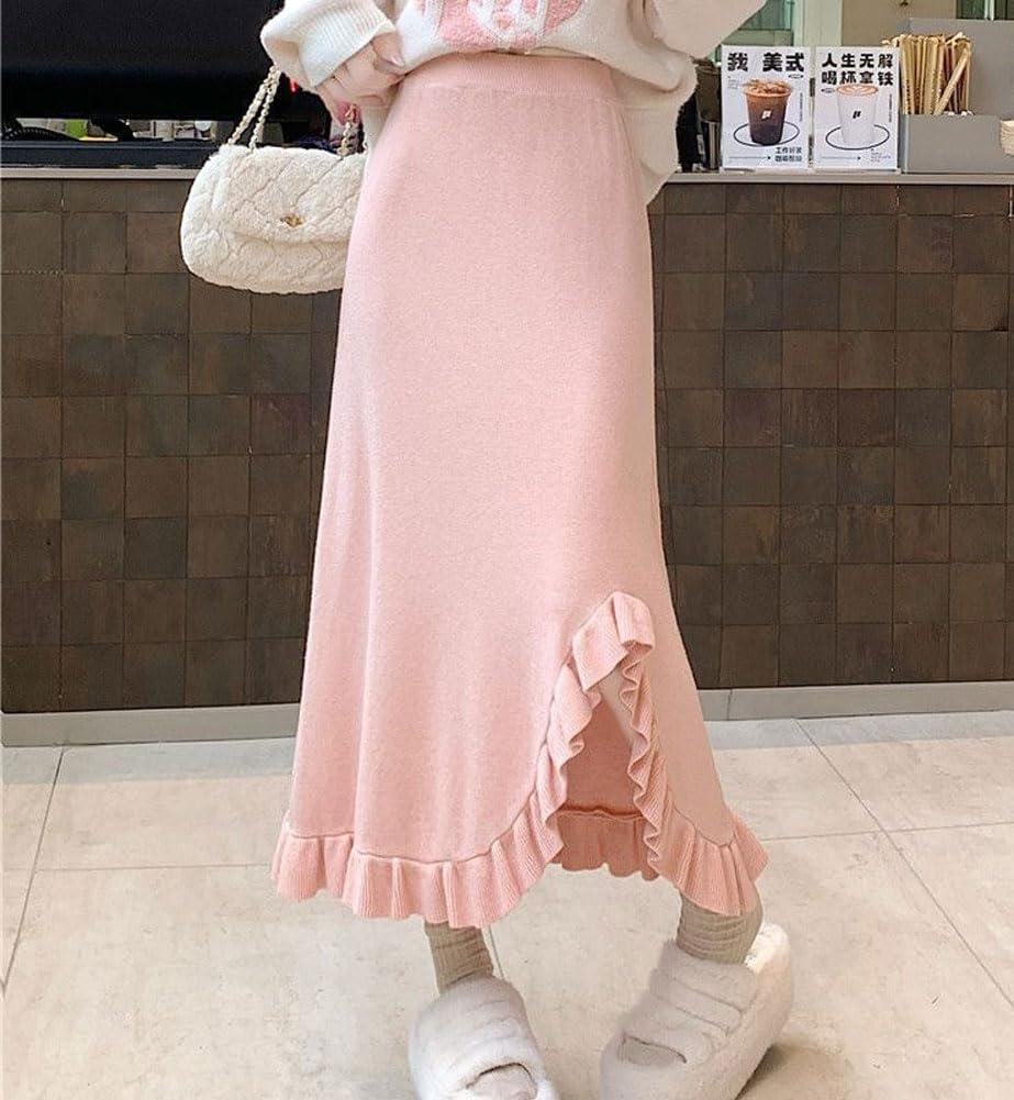 imagechouyatou Womens Sexy Mermaid Ruffle Hem Skirt Elastic Waist High Low Midi Long Knitted SkirtPink