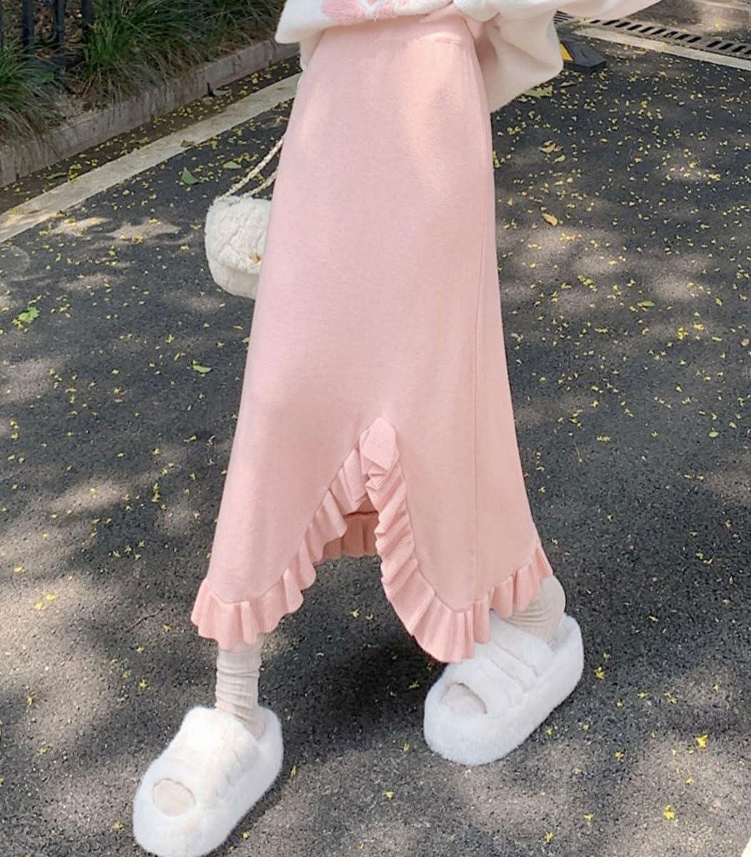 imagechouyatou Womens Sexy Mermaid Ruffle Hem Skirt Elastic Waist High Low Midi Long Knitted SkirtPink
