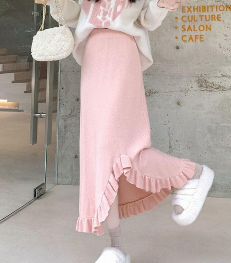 imagechouyatou Womens Sexy Mermaid Ruffle Hem Skirt Elastic Waist High Low Midi Long Knitted SkirtPink