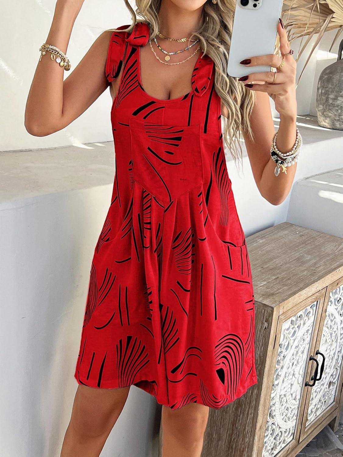 imagechouyatou Womens Sexy Tie Knot Strap bib Overalls Shorts Boho Floral Printed Wide Leg Jumpsuit RompersRed