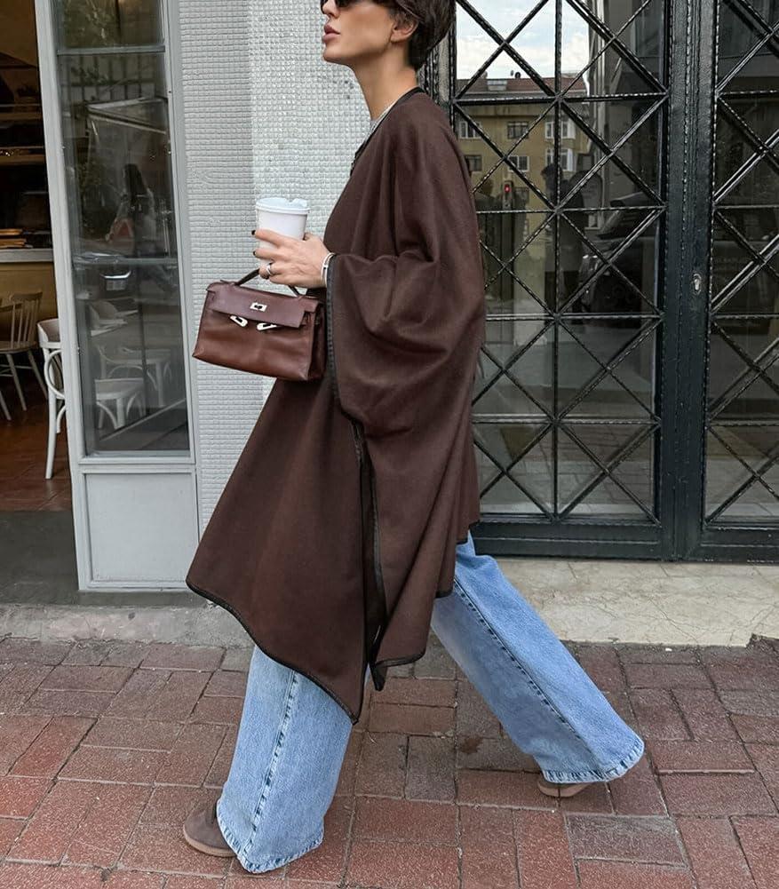 imagechouyatou Womens Single Breasted Faux Suede Leather Jacket Batwing Sleeve Slouchy Suede Leather Mid Long Trench CoatCoffee Brown