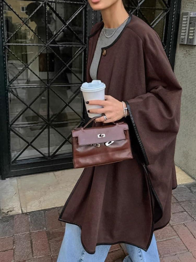 imagechouyatou Womens Single Breasted Faux Suede Leather Jacket Batwing Sleeve Slouchy Suede Leather Mid Long Trench CoatCoffee Brown