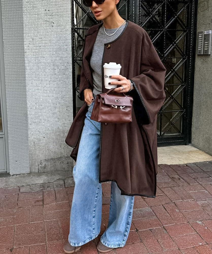 imagechouyatou Womens Single Breasted Faux Suede Leather Jacket Batwing Sleeve Slouchy Suede Leather Mid Long Trench CoatCoffee Brown