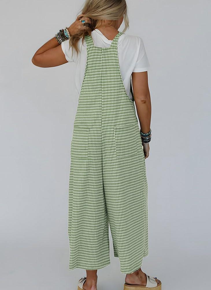 imagechouyatou Womens Sleeveless Plaid Wide Leg Bib Overall Casual Loose Gingham Jumpsuits with PocketsGreen