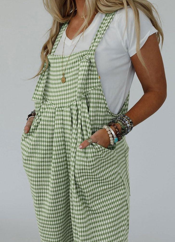 imagechouyatou Womens Sleeveless Plaid Wide Leg Bib Overall Casual Loose Gingham Jumpsuits with PocketsGreen