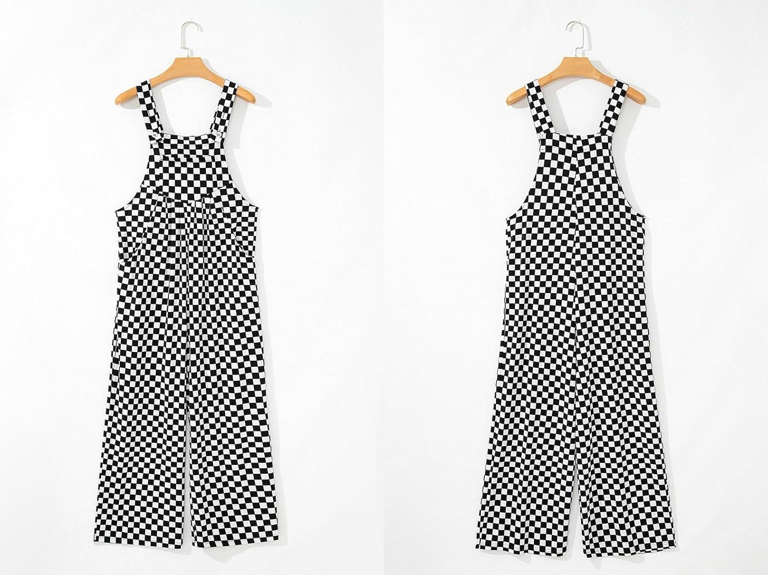 imagechouyatou Womens Sleeveless Plaid Wide Leg Palazzo Overall Checker Boho Bib Jumpsuits with PocketsBlack