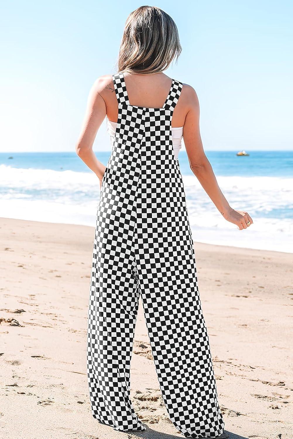 imagechouyatou Womens Sleeveless Plaid Wide Leg Palazzo Overall Checker Boho Bib Jumpsuits with PocketsBlack
