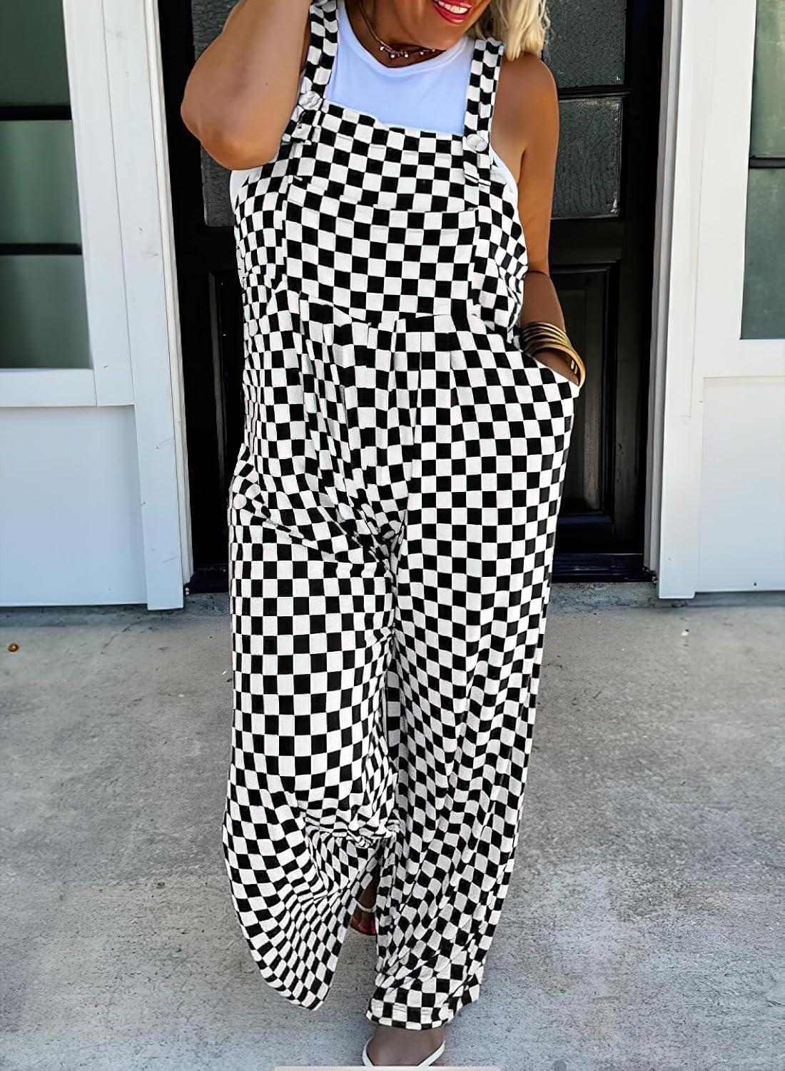 imagechouyatou Womens Sleeveless Plaid Wide Leg Palazzo Overall Checker Boho Bib Jumpsuits with PocketsBlack