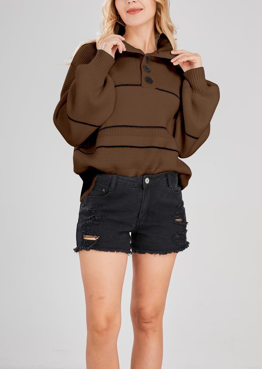 imagechouyatou Womens Slouchy Waffle Knit Sweater 12 Button Polo Collared Pullover Striped Sweater TopsCoffee