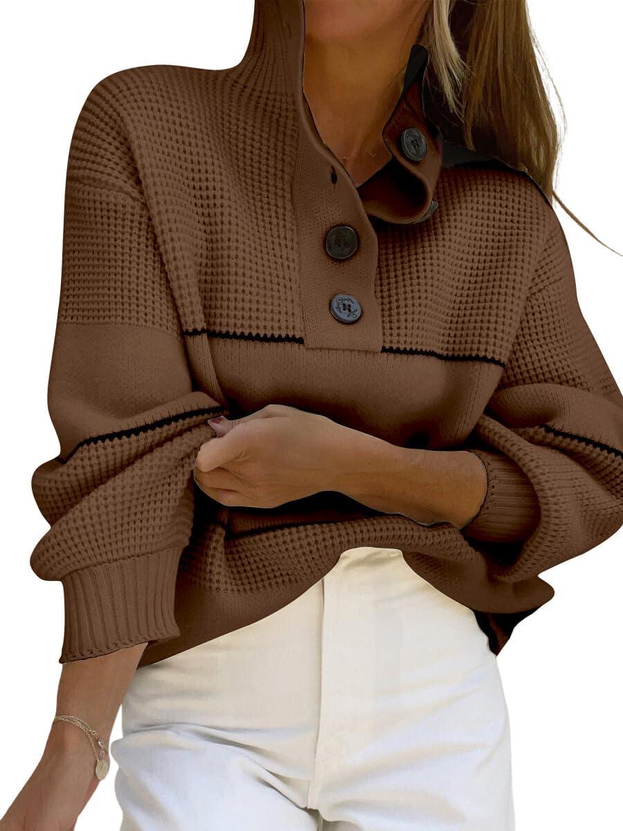 imagechouyatou Womens Slouchy Waffle Knit Sweater 12 Button Polo Collared Pullover Striped Sweater TopsCoffee