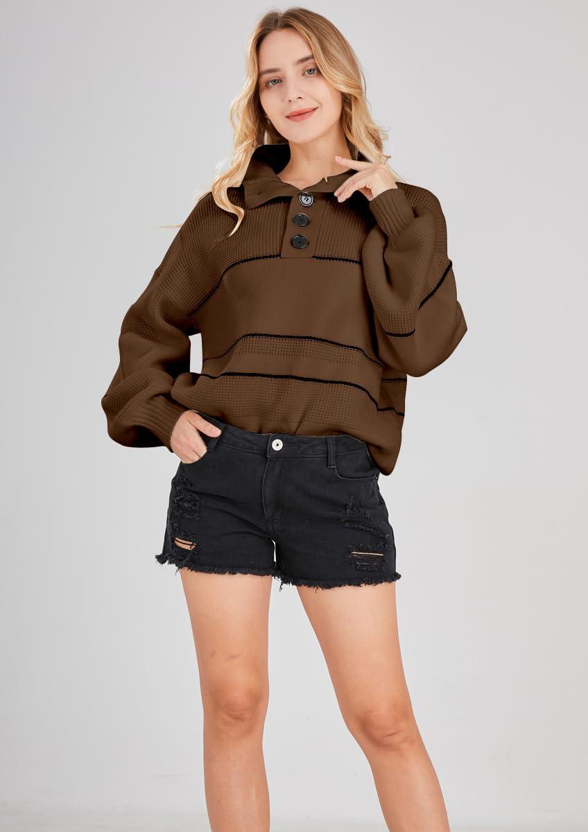 imagechouyatou Womens Slouchy Waffle Knit Sweater 12 Button Polo Collared Pullover Striped Sweater TopsCoffee