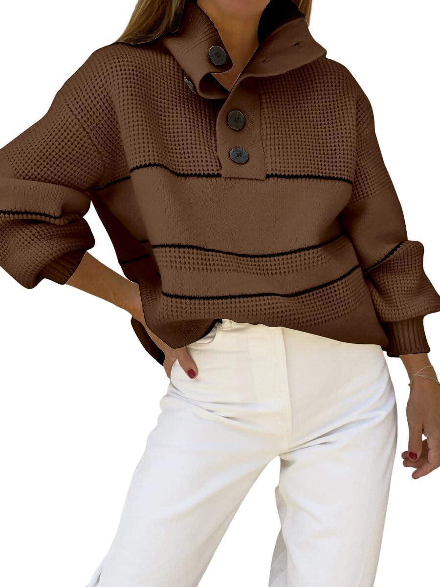 imagechouyatou Womens Slouchy Waffle Knit Sweater 12 Button Polo Collared Pullover Striped Sweater TopsCoffee