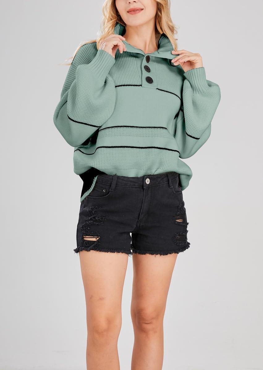 imagechouyatou Womens Slouchy Waffle Knit Sweater 12 Button Polo Collared Pullover Striped Sweater TopsGreen