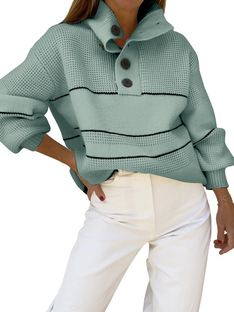 imagechouyatou Womens Slouchy Waffle Knit Sweater 12 Button Polo Collared Pullover Striped Sweater TopsGreen