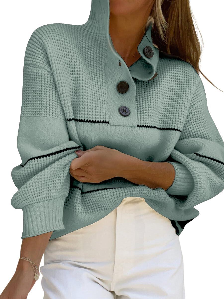 imagechouyatou Womens Slouchy Waffle Knit Sweater 12 Button Polo Collared Pullover Striped Sweater TopsGreen