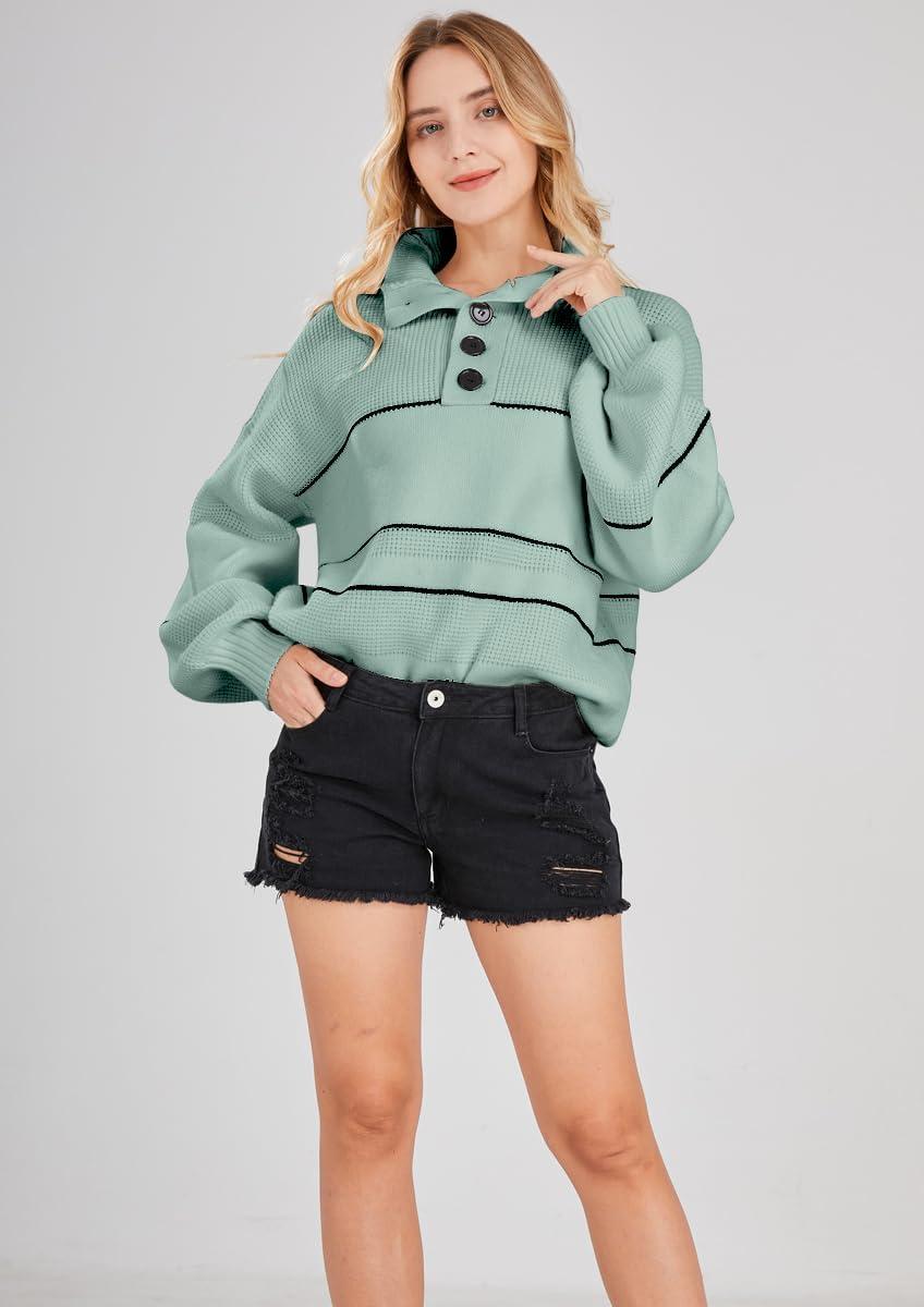 imagechouyatou Womens Slouchy Waffle Knit Sweater 12 Button Polo Collared Pullover Striped Sweater TopsGreen
