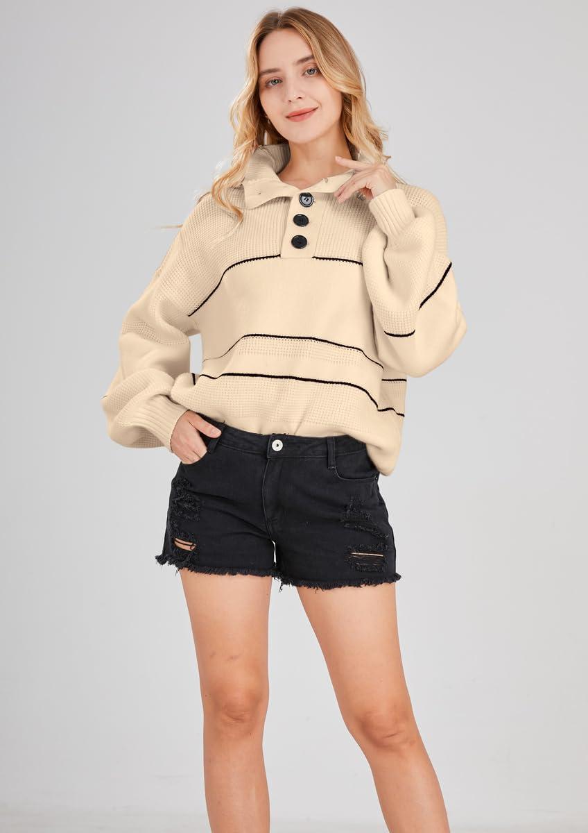 imagechouyatou Womens Slouchy Waffle Knit Sweater 12 Button Polo Collared Pullover Striped Sweater TopsKhaki