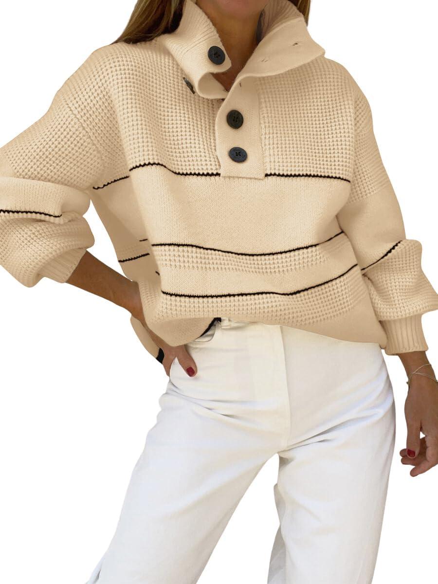 imagechouyatou Womens Slouchy Waffle Knit Sweater 12 Button Polo Collared Pullover Striped Sweater TopsKhaki