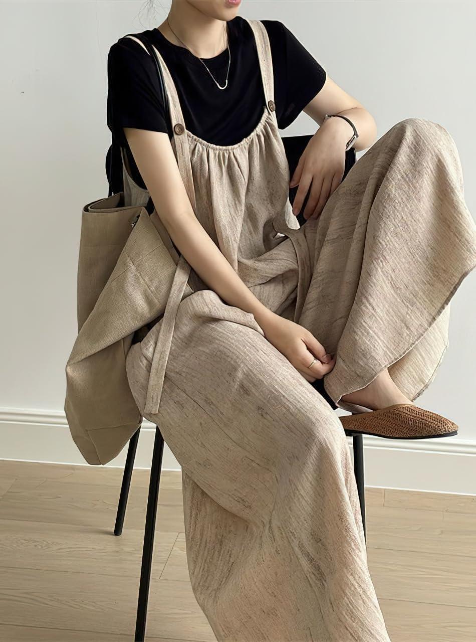 imagechouyatou Womens Spaghetti Strap Overall Pants Wide Leg Adjustable Strap Long Bib Jumpsuits with PocketsKhaki
