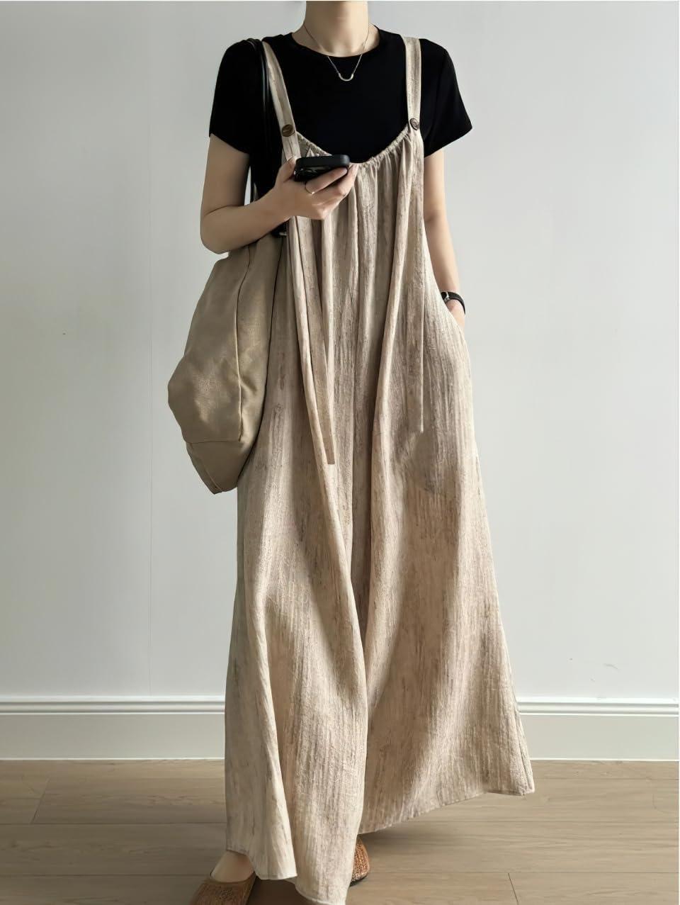 imagechouyatou Womens Spaghetti Strap Overall Pants Wide Leg Adjustable Strap Long Bib Jumpsuits with PocketsKhaki